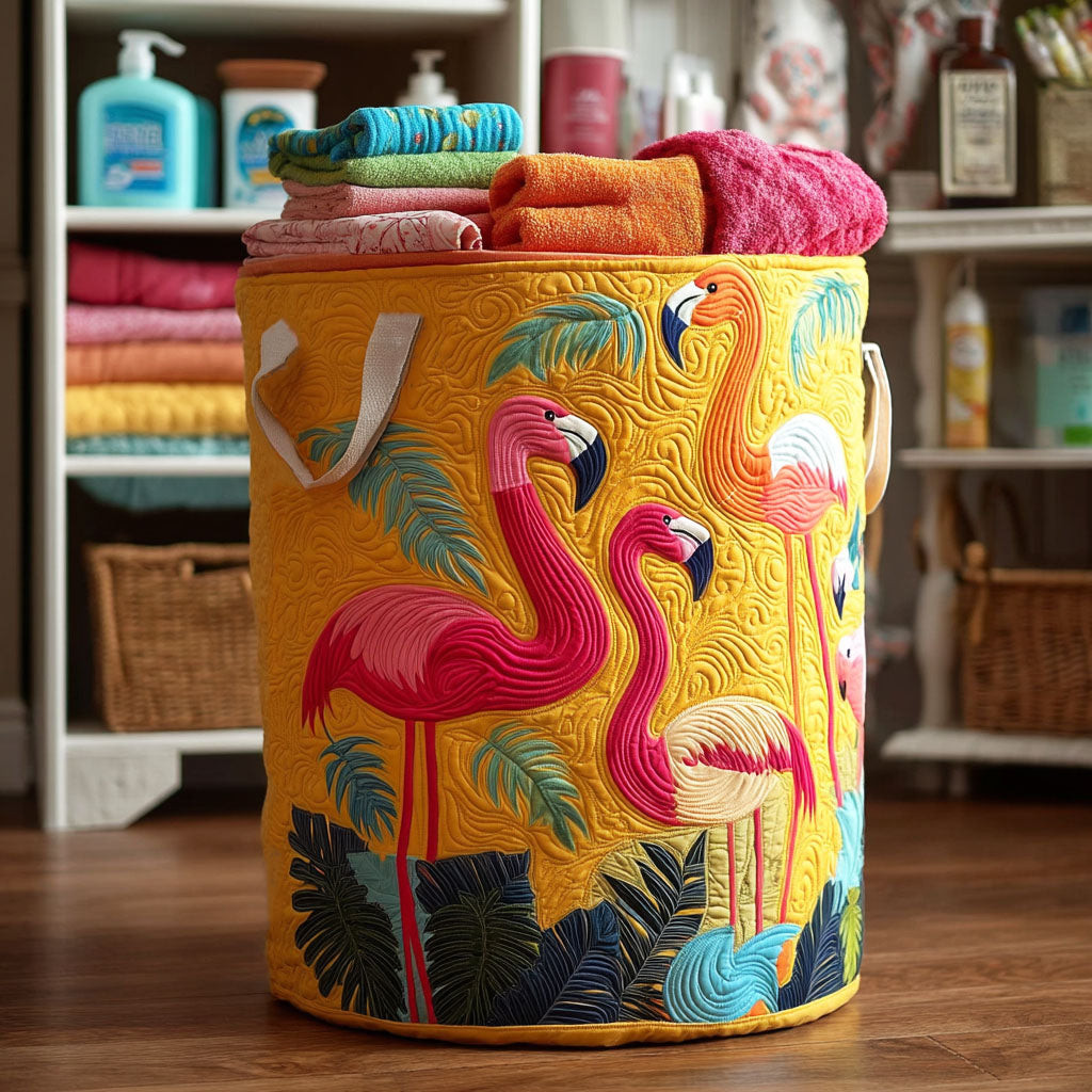 Bright Flamingo Quilted Laundry Basket Modern Quilted Laundry Basket Gift for Stylish Homes