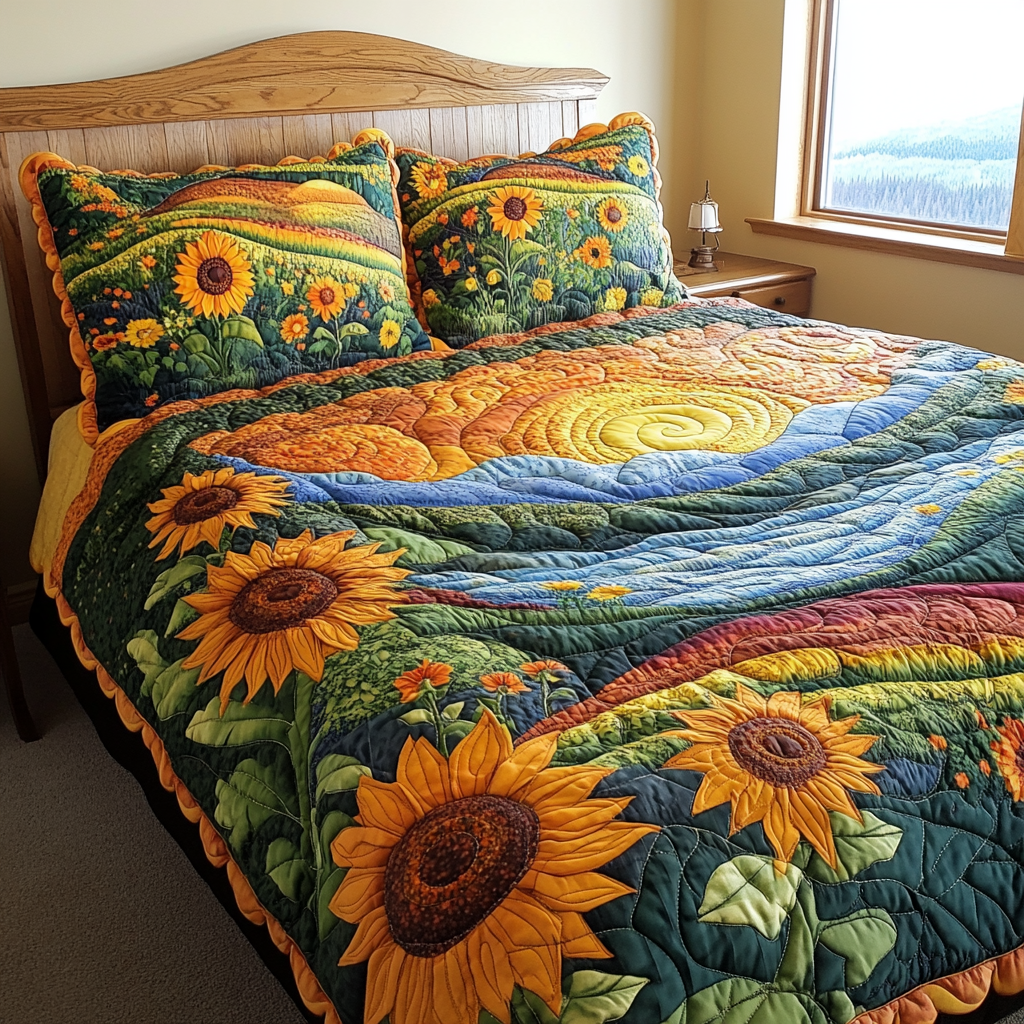 Bright Horizon Quilted Bedding Set Best Bed Sheet Set Sunflower Gifts For Her