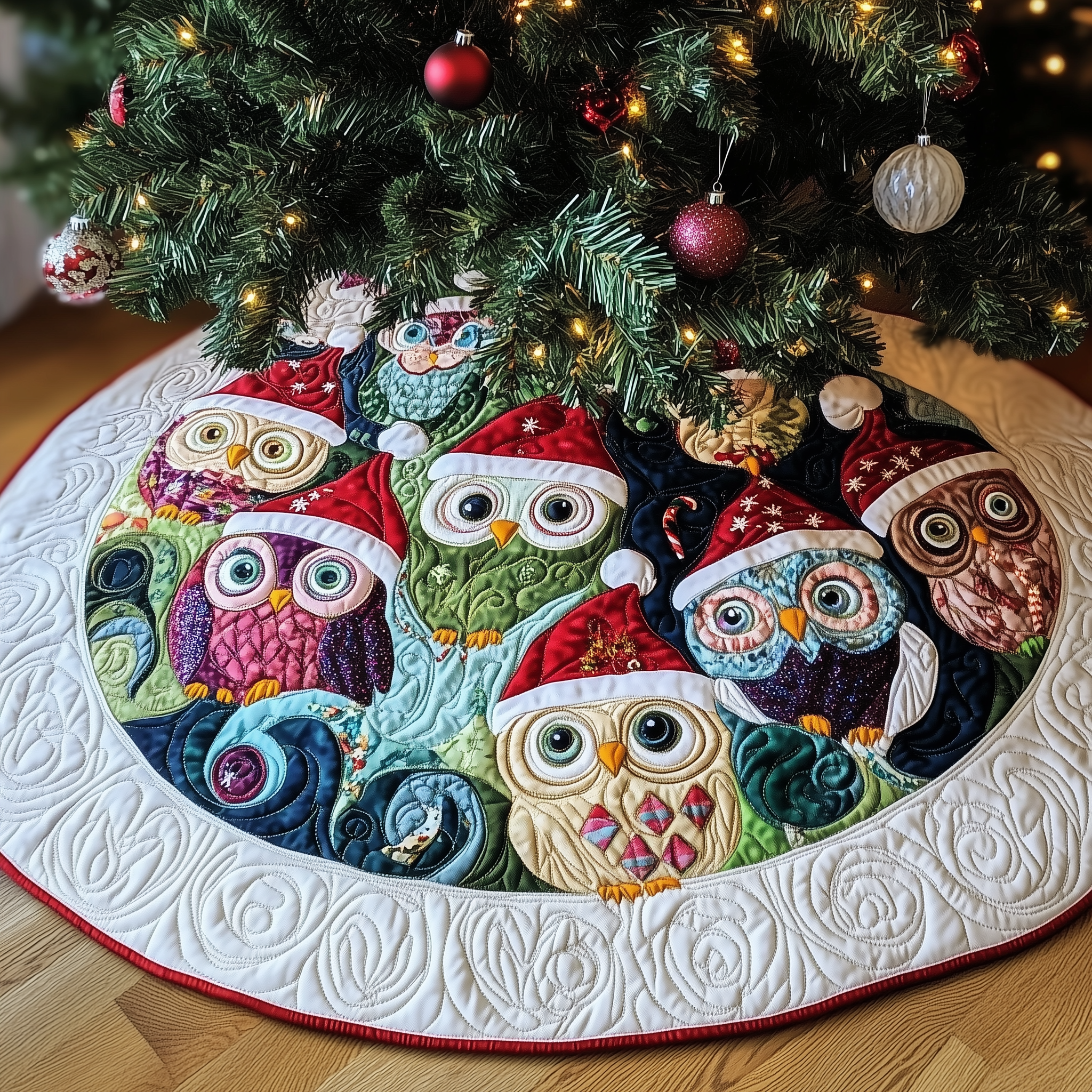 Bright Owl Christmas Tree Skirt Quilted Handmade Holiday Gift for Unique and Colorful Holiday Decoration