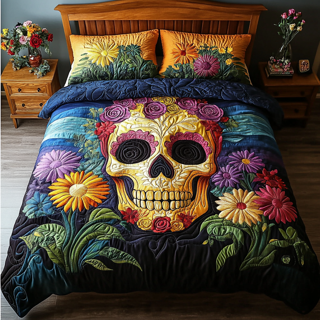 Bright Skulls Quilted Bedding Set Bed Decor Ideas Gifts With Skulls On Them