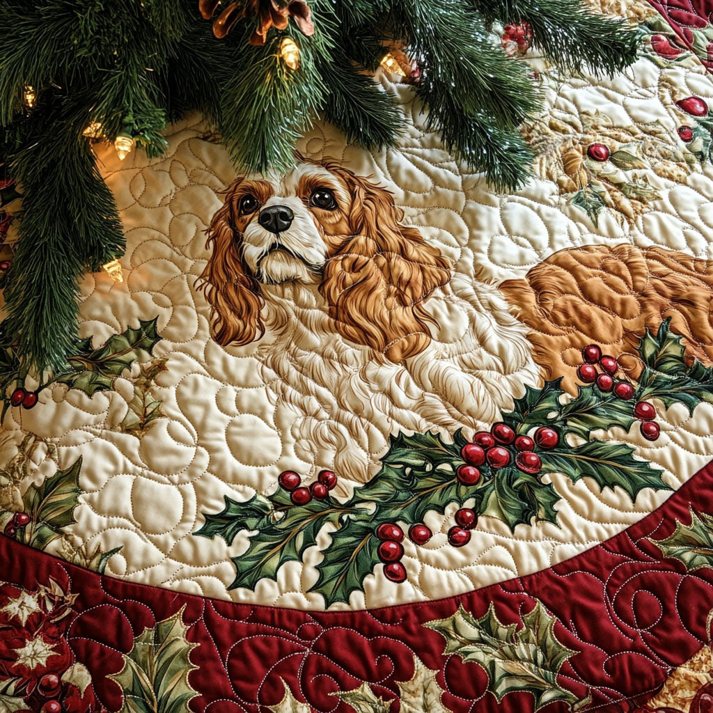 Bright Spaniel Quilted Christmas Tree Skirt Winter Holiday Decor