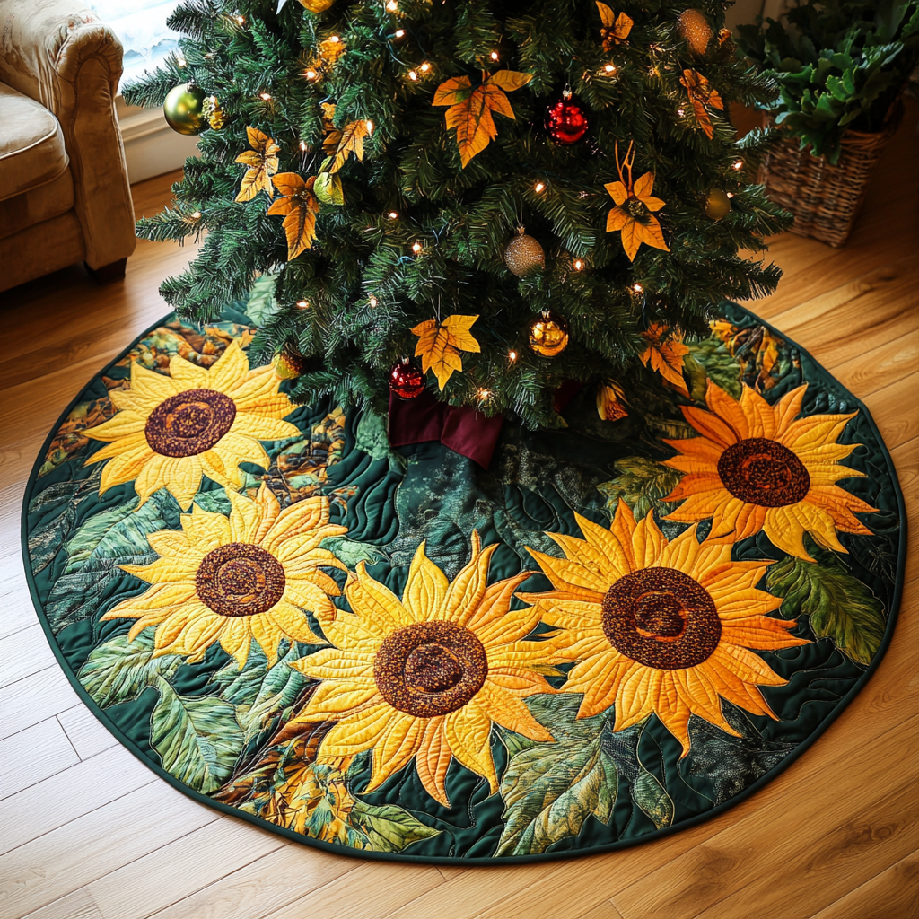 Bright Sunflower Christmas Quilted Tree Skirt Luxury Quilted Tree Skirt with Decorative Stitching