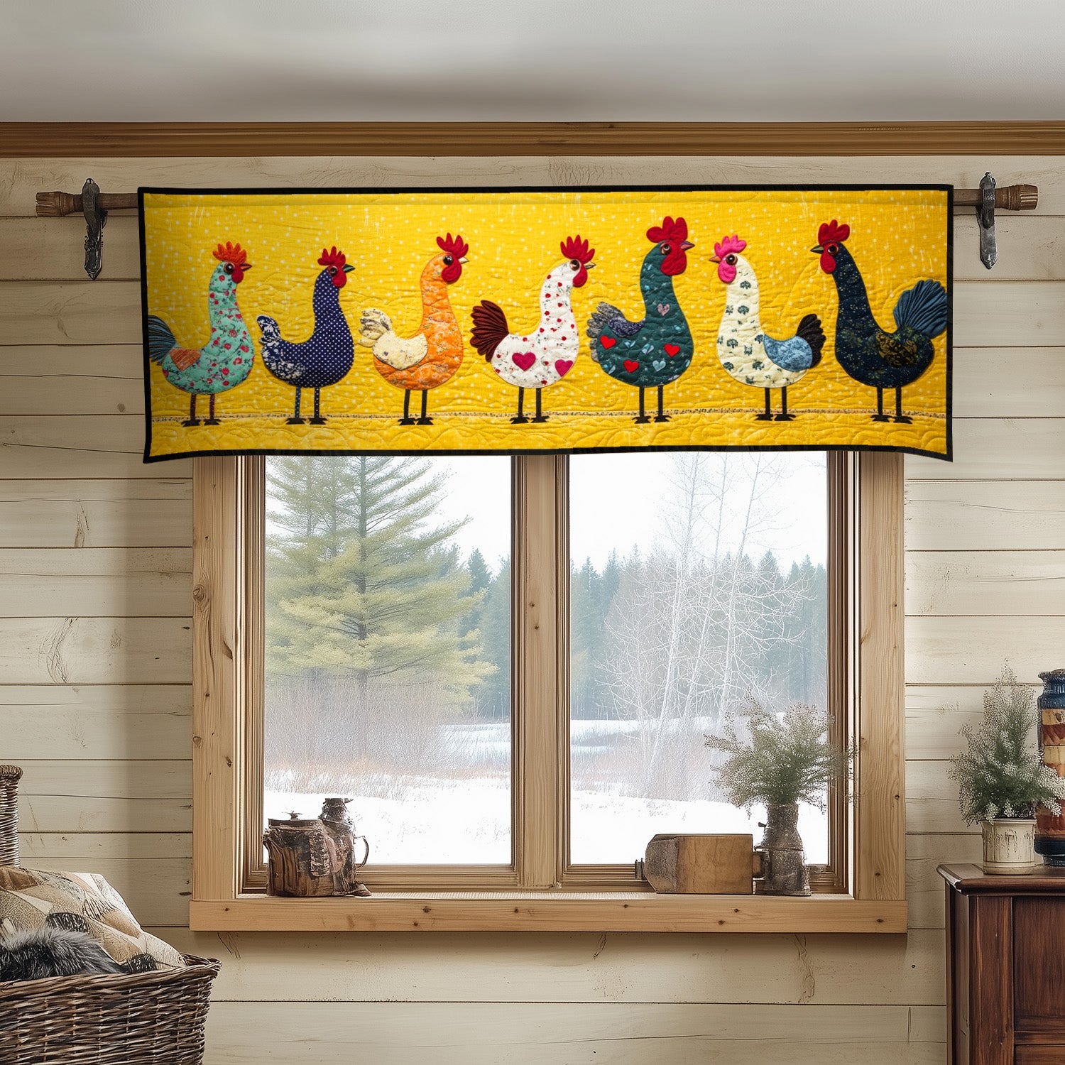 Bright Yellow Chickens Lineup Quilted Valance Farmhouse Window Valance Christmas Gifts For Chicken Farmers