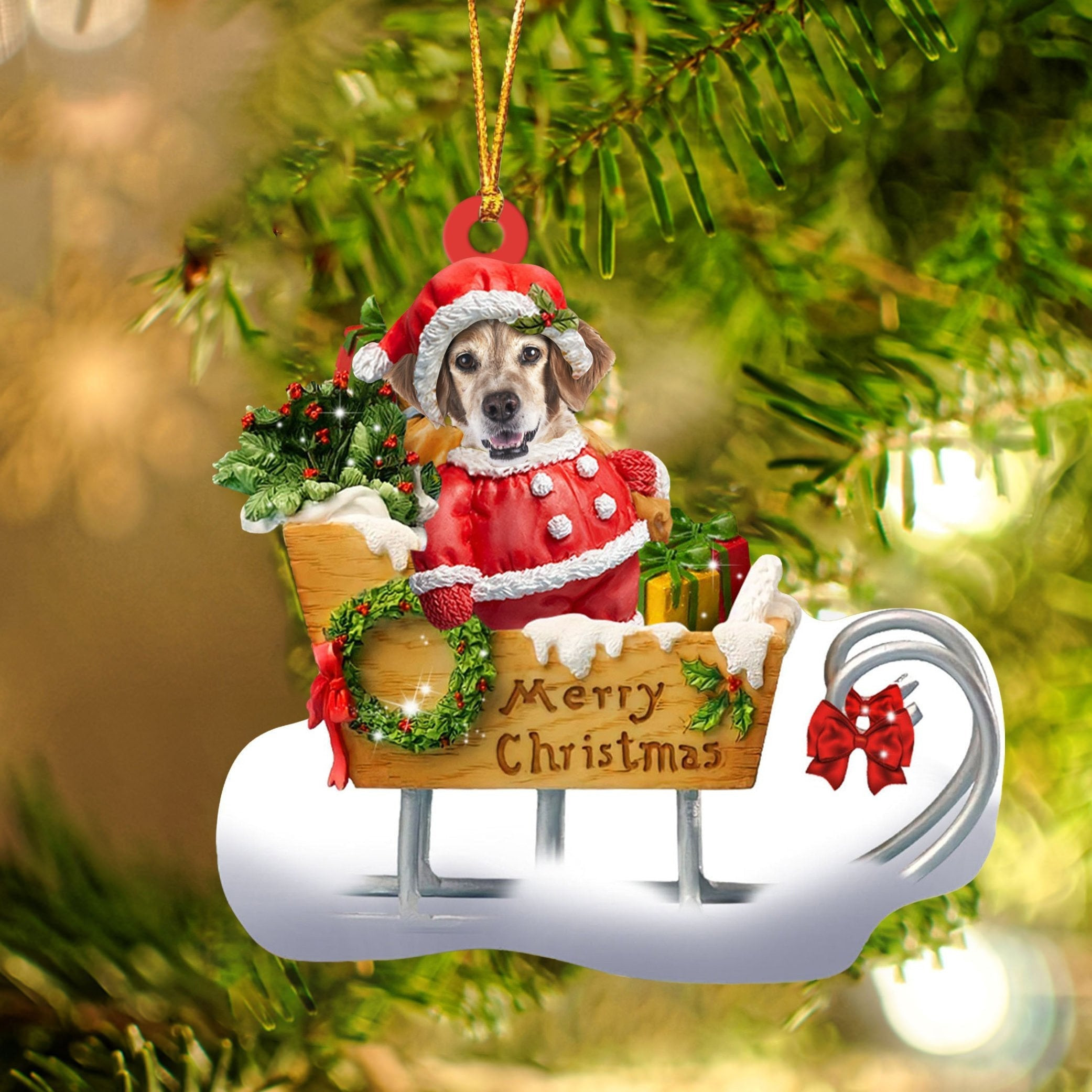 Brittany Sitting On A Cute Sleigh Ornament Flat Acrylic Funny Dog Ornament