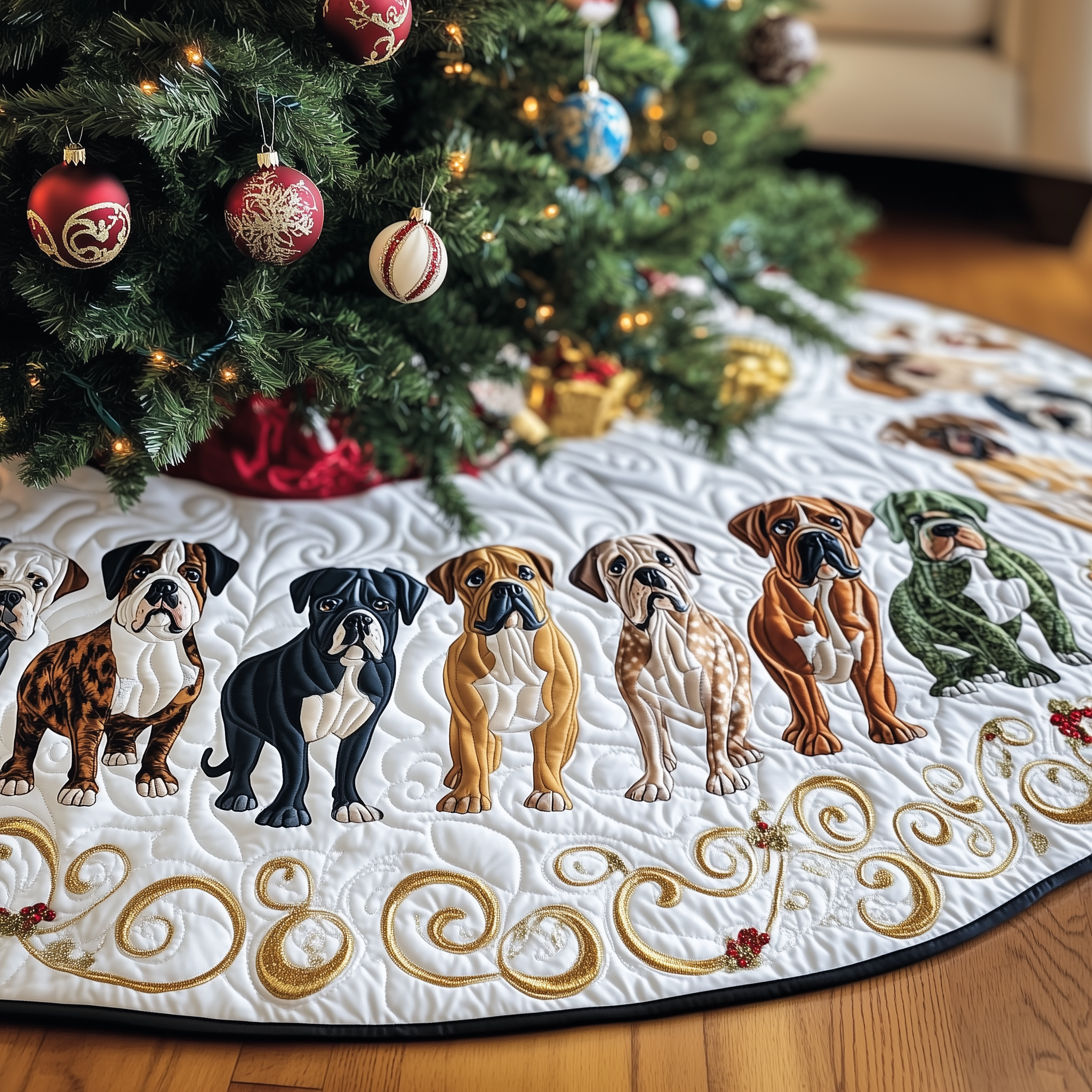 Brown Bulldog Christmas Tree Skirt Quilted Handmade Pet-Themed Holiday Gift for Home