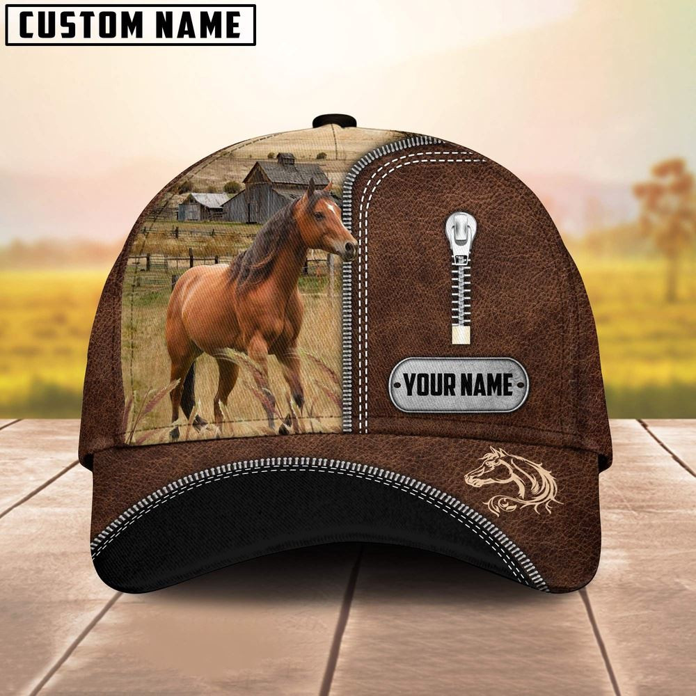 Brown Horse Leather Zip Pattern Customized Name Cap Farmer Baseball Cap Gift For Farmer