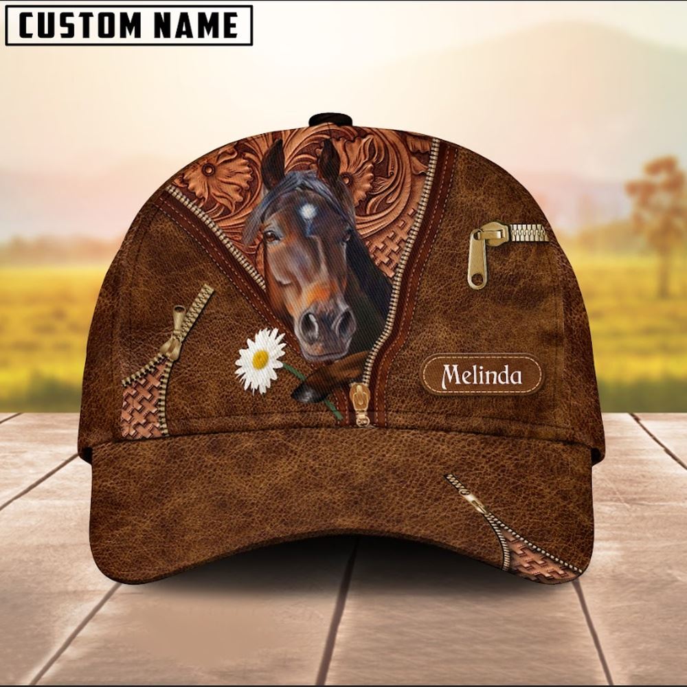Brown Horse Lover Leather Pattern Customized Name Cap Farmer Baseball Cap Gift For Farmer