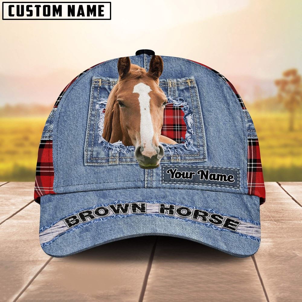 Brown Horse Overall Jeans Pattern And Red Caro Pattern Customized Name Cap  Gift For Farmer
