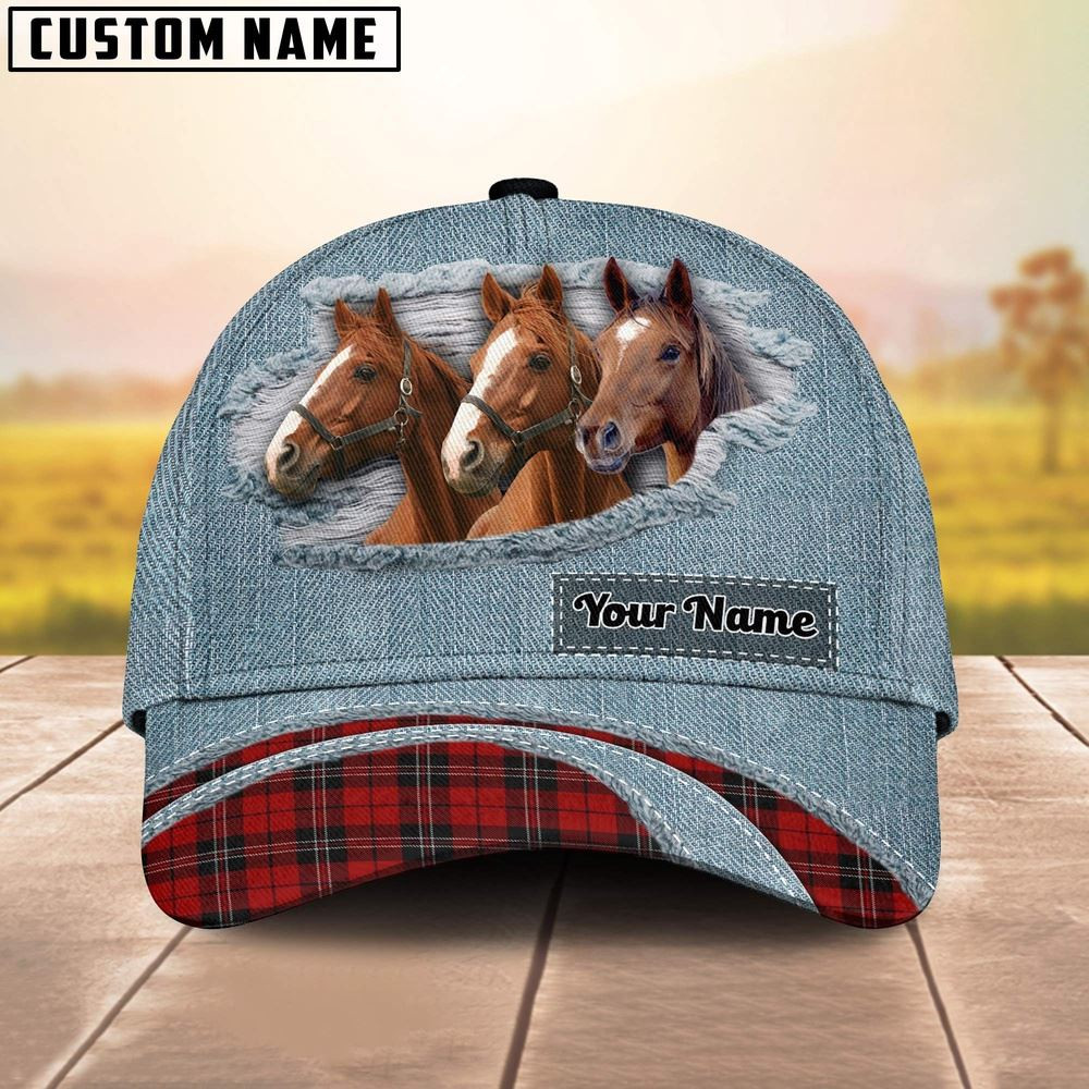 Brown Horse Red Caro And Jeans Pattern Customized Name Cap Farm Cap  Gift For Farmer