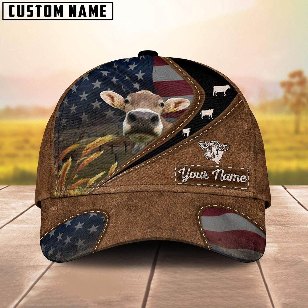 Brown Swiss Leather Pattern American Customized Name Cap Farmer Baseball Cap Gift For Farmer