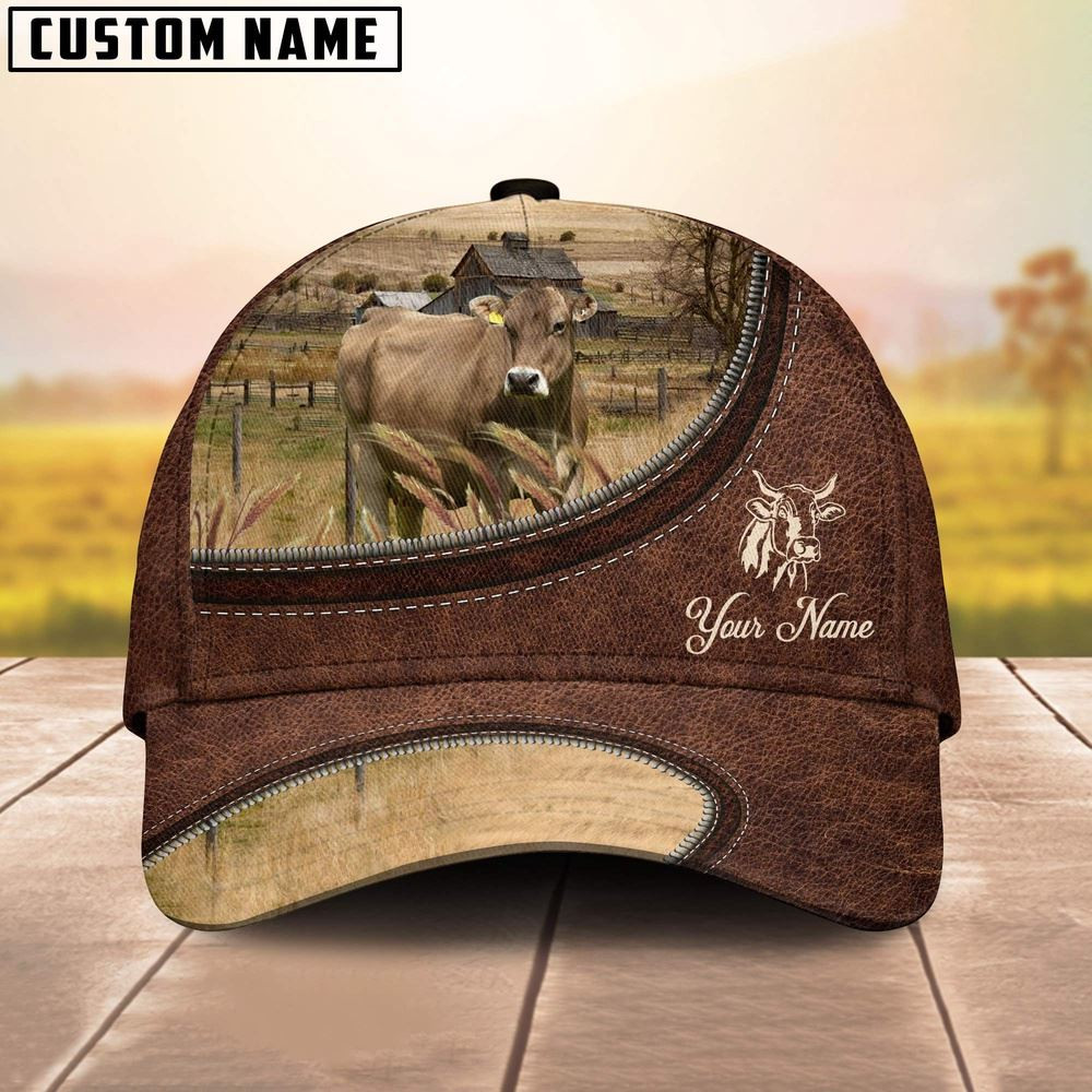Brown Swiss On The Farm Customized Name Leather Pattern Cap Farmer Baseball Cap Gift For Farmer