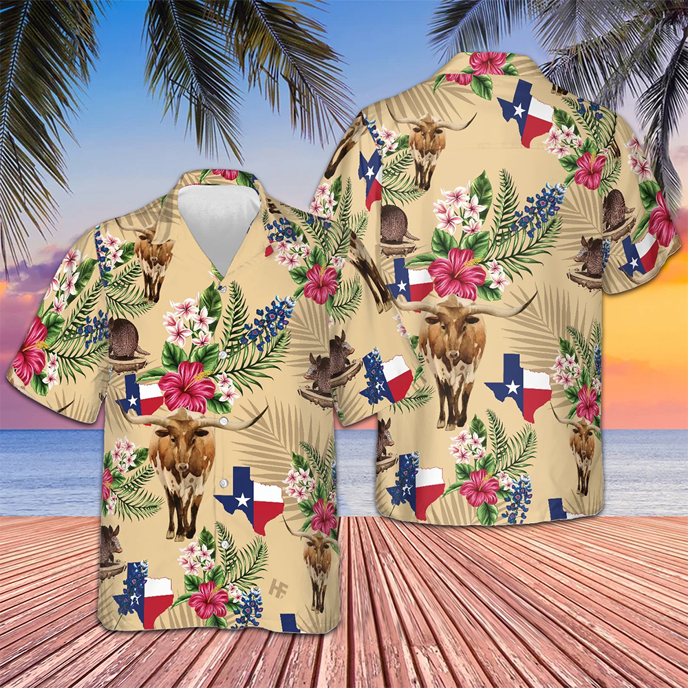 Brown Tribal Pattern Texas Hawaiian Shirt Armadillo And Longhorn Texas State Shirt For Texans