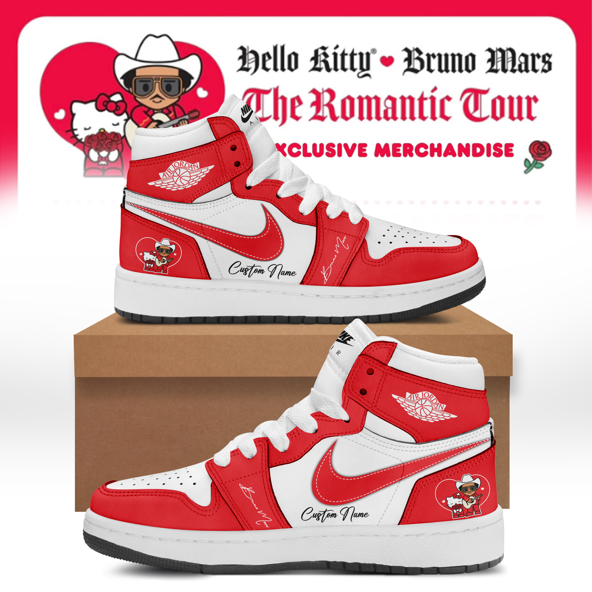 Bruno Mars Hello Kitty 2026 Air Jordan 1 Sneakers Hello Kitty X Bruno Mars Merch Gift For Roommate