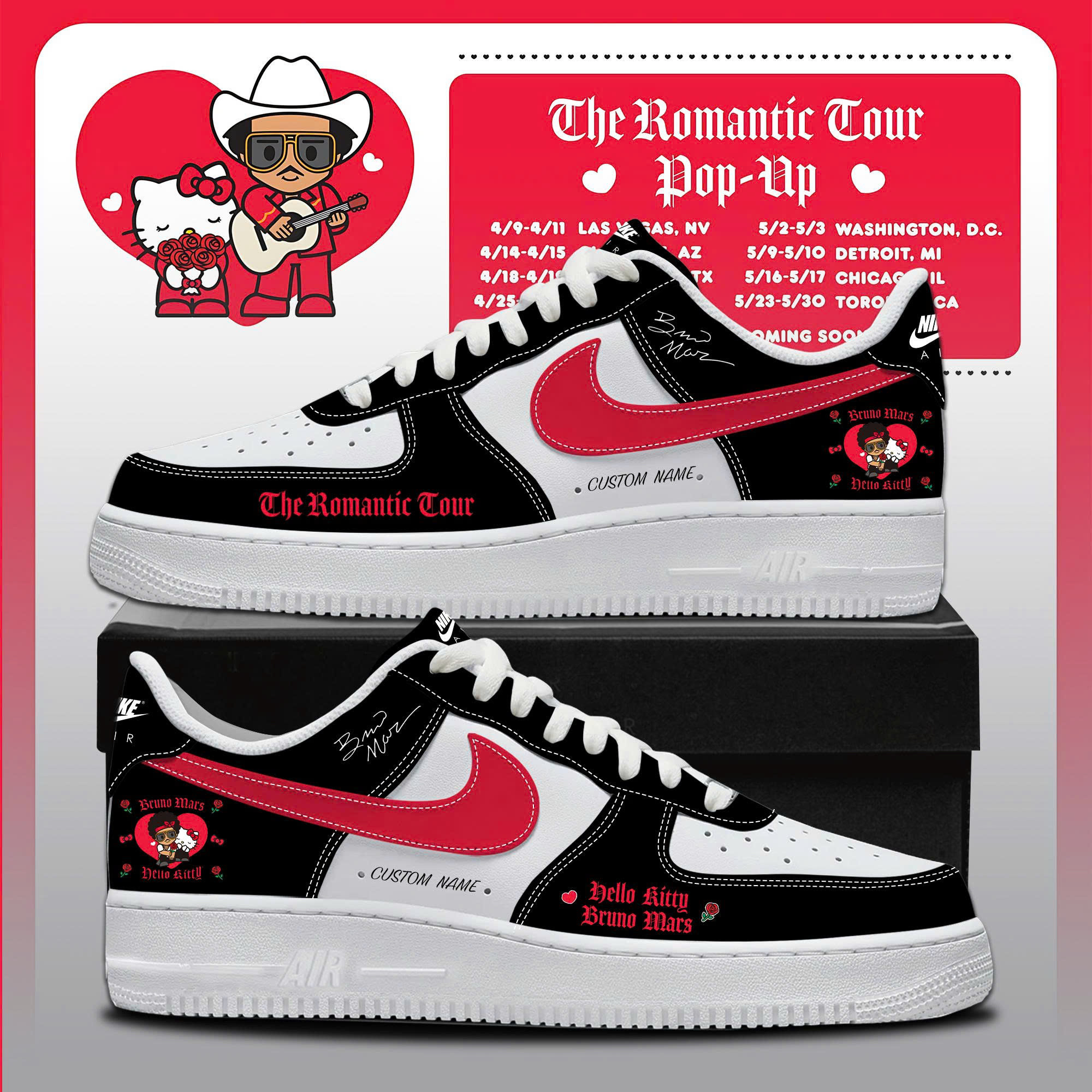 Bruno Mars Hello Kitty Air Force 1 Sneakers Romantic Tour Event Gear Merch Gift For Live Music