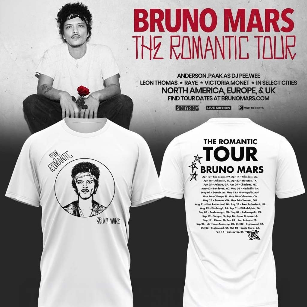 Bruno Mars Merch Bruno Mars The Romantic Tour 2026 Celebration Shirt Gifts For Fans