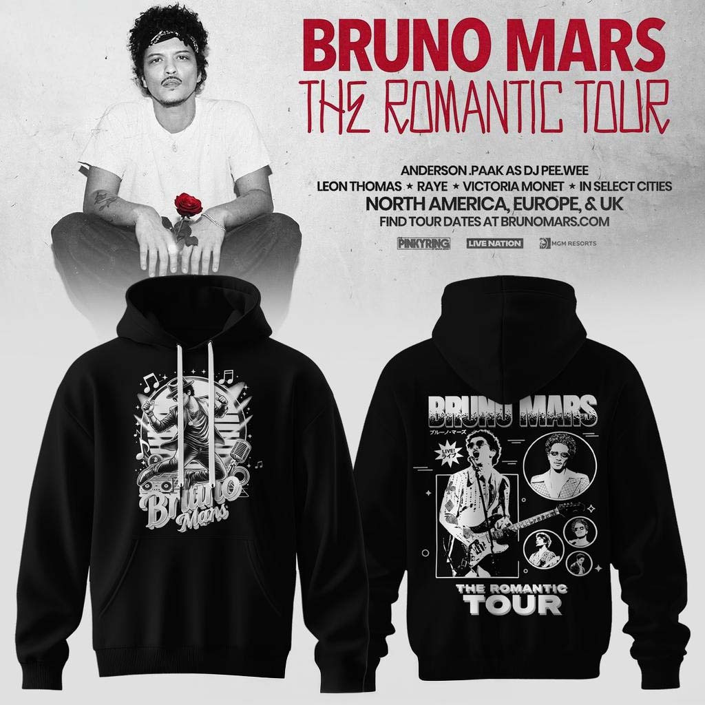 Bruno Mars Merch Bruno Mars Tour 2026 Black Hoodie Gifts For Music Enthusiasts