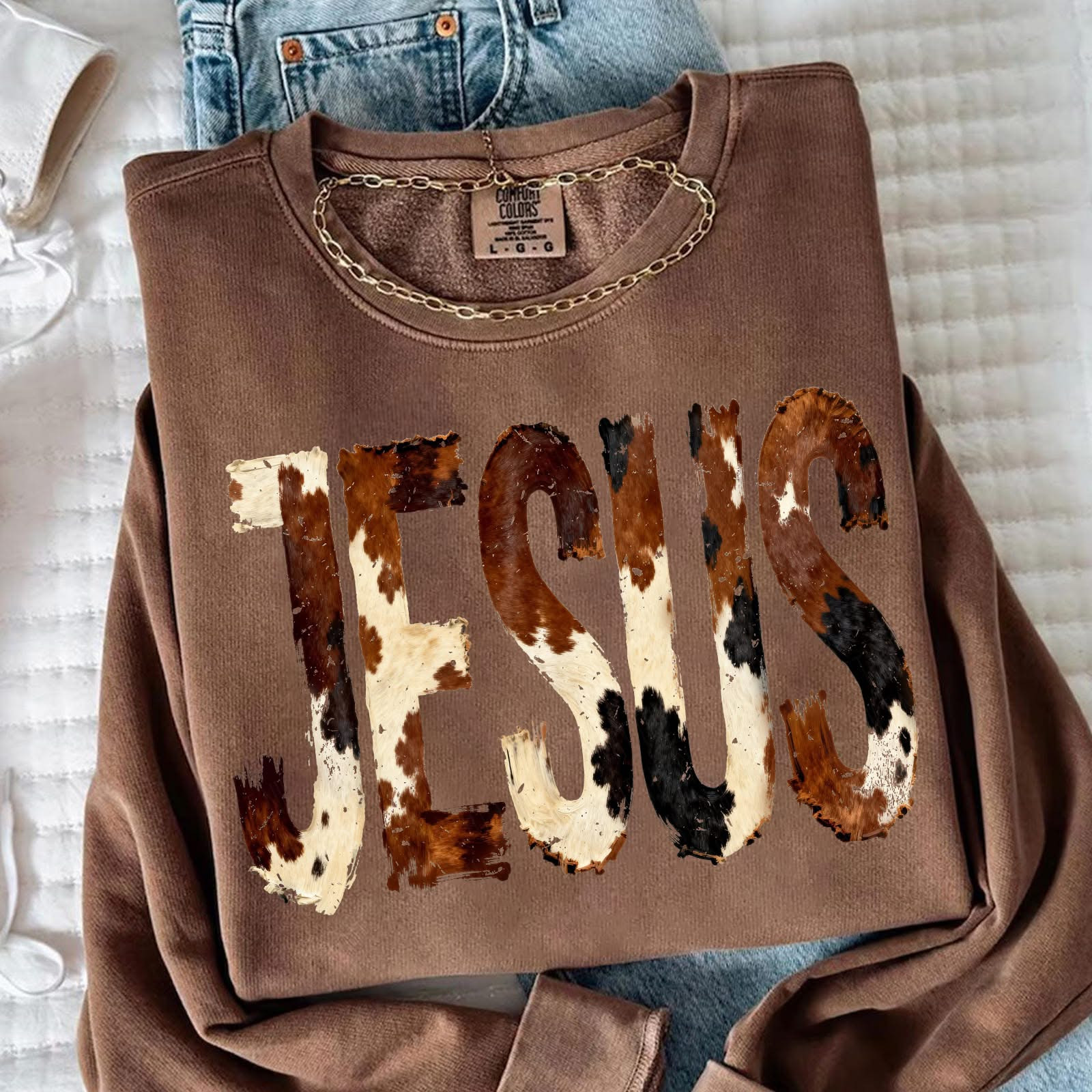 Brushstroke Cow Print Jesus Sweatshirt Women's Christian Apparel Gifts For Wife