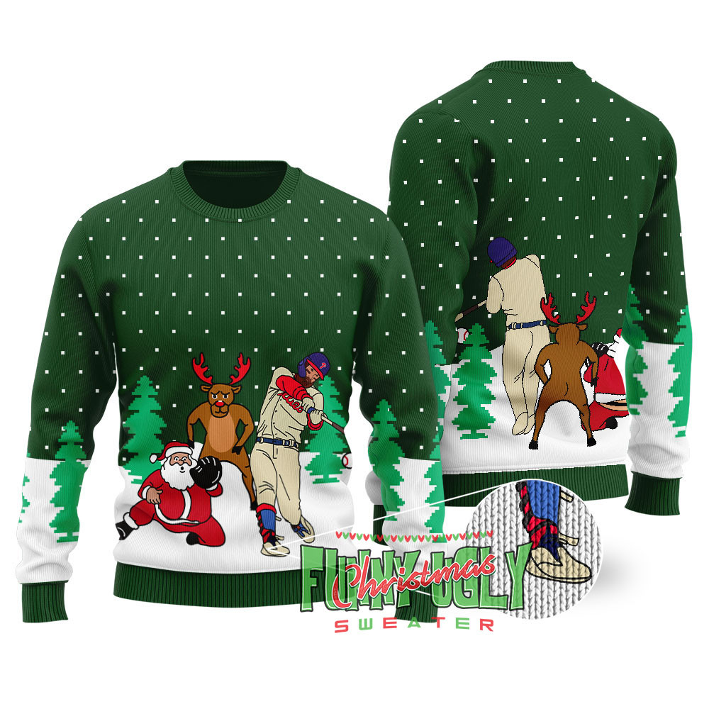 Bryce Harper Ugly Christmas Sweater Forest Green Personalized Christmas Sweatshirt Gift for Family