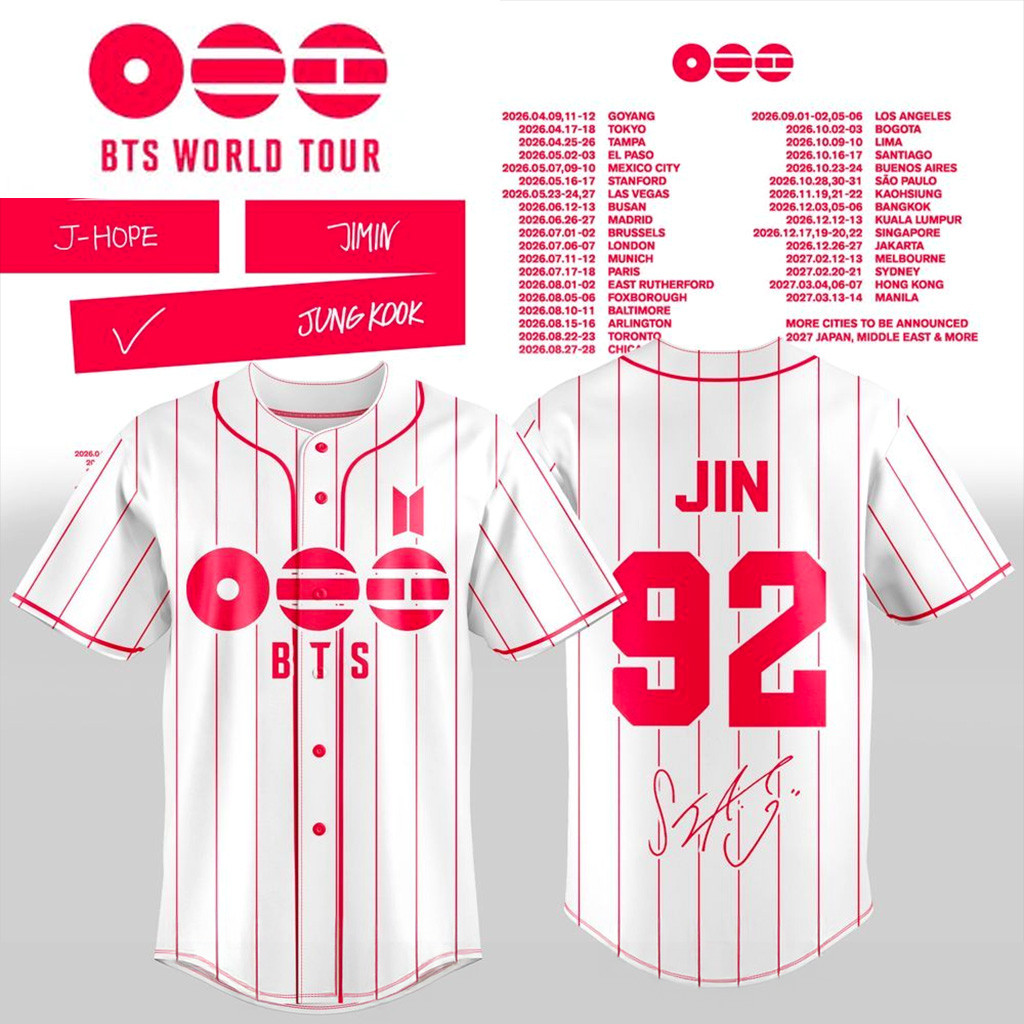 BTS 2026 World Tour Baseball Jersey Jin 92 BTS Merch Gift Ideas For Music Lovers