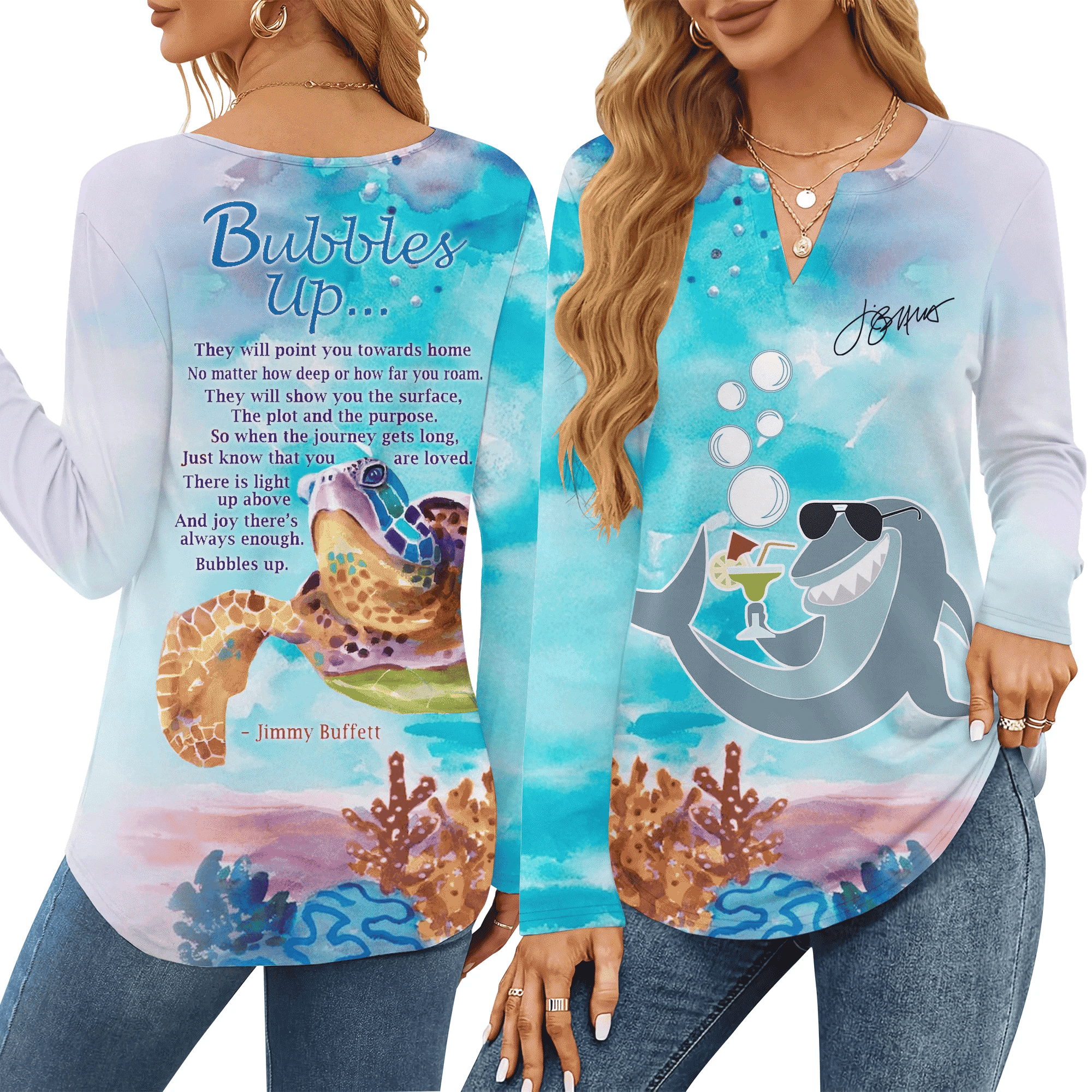 Bubbles Up Turtle Dolphin Long Sleeve Shirt Ocean Life Beach Vibes Clothes Gift For Her