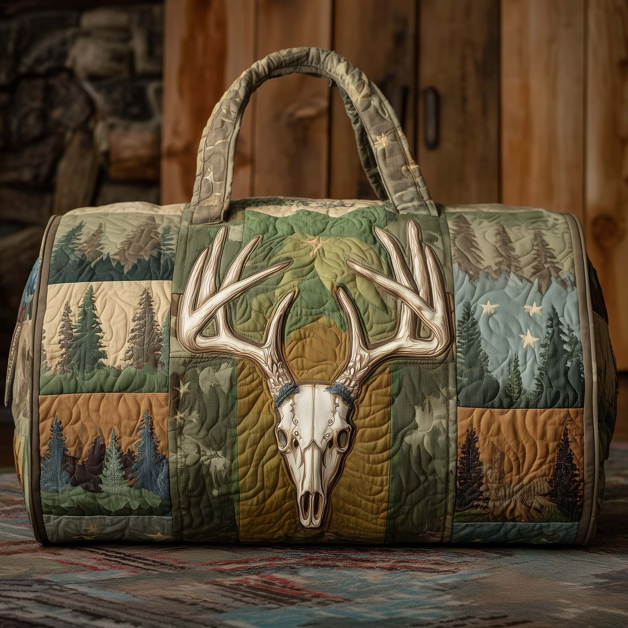 Buck Skull Forest Quilted Duffle Bag Mountain Pine Trees Hunting Best Gift For Him
