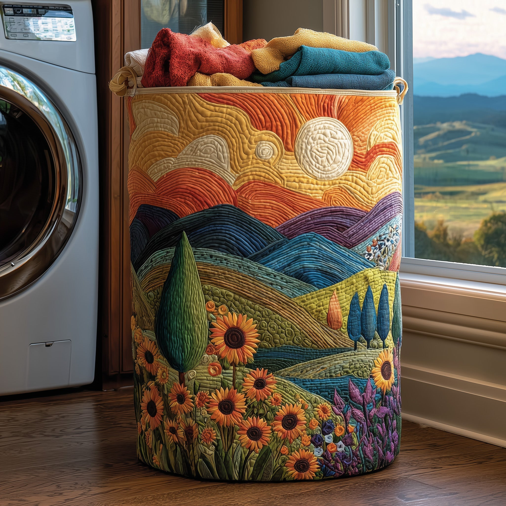 Bucolic Valley Quilted Laundry Basket Sun Graphic Aesthetic Home Decor Gift Ideas