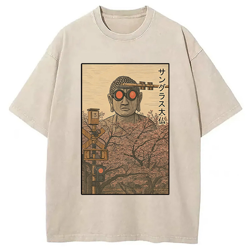 Buddha Statue Wearing Sunglasses Washed T-Shirt Casual Vintage Everyday Look Gifts For Sister Buddha Statue Wearing Sunglasses Washed T-Shirt Casual Vintage Everyday Look Gifts For Sister