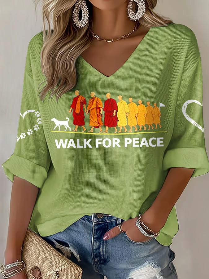 Buddhist Monks Walk For Peace Long Sleeve V-Neck Shirt For Women's Aloka The Peace Dog Merch