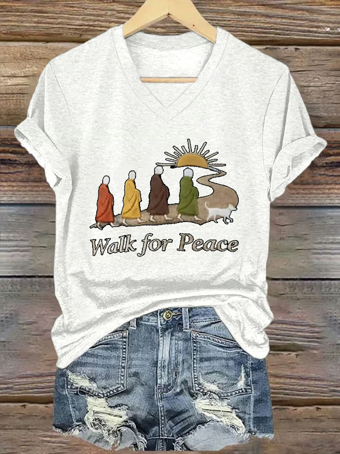 Buddhist Monks Walk For Peace V-Neck Shirt Aloka The Peace Dog Merch Monks With Aloka Dog Shirt