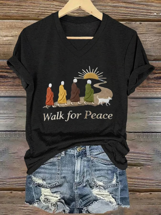 Buddhist Monks Walk For Peace V-Neck Shirt Aloka The Peace Dog Merch Monks With Aloka Dog Shirt
