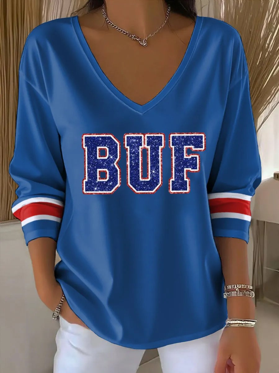 Buffalo Bills Merch BUF V-Neck Long Sleeve Shirt Football Merch Game Day Gift Ideas