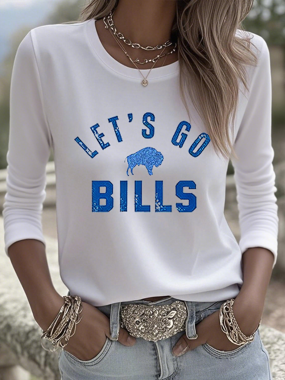 Buffalo Bills Merch Let's Go Bills Long Sleeve Shirt Game Day Football Apparel Good Gifts For Her