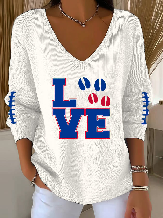 Buffalo Bills Merch Love Football V-Neck Long Sleeve Bills Game Day Clothing Present For Her