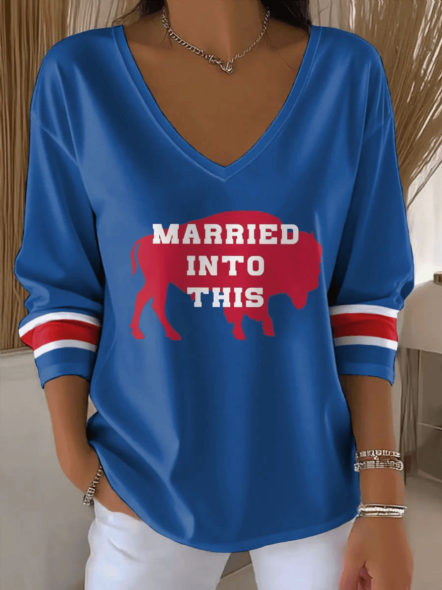 Buffalo Bills Merch Married Into This V-Neck Long Sleeve Football Clothing Gifts For Her