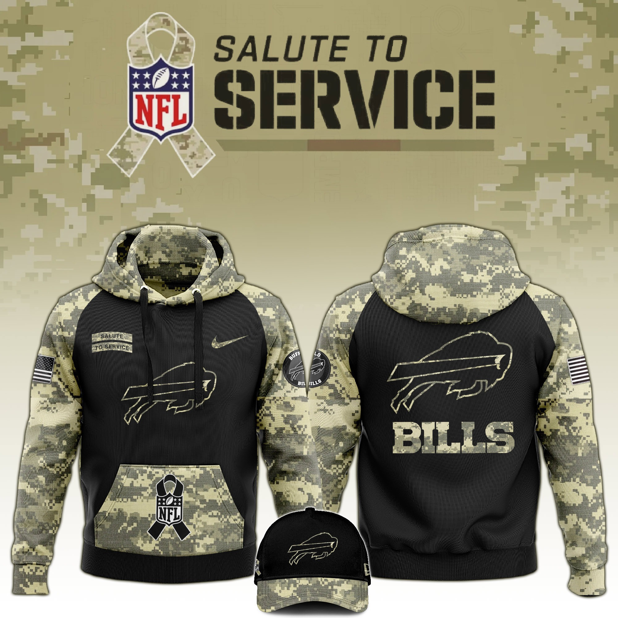 Buffalo Bills Salute to Service Club Limited Camo Hoodie And Hat Bills Merch For Fans