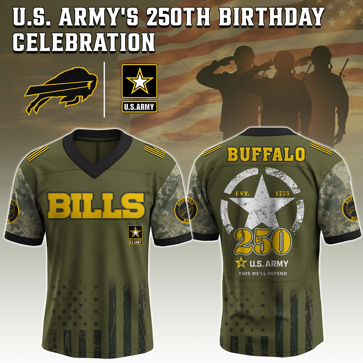 Buffalo Bills US Army 250th Anniversary Football Jersey V-Neck Gift For Bills Mafia