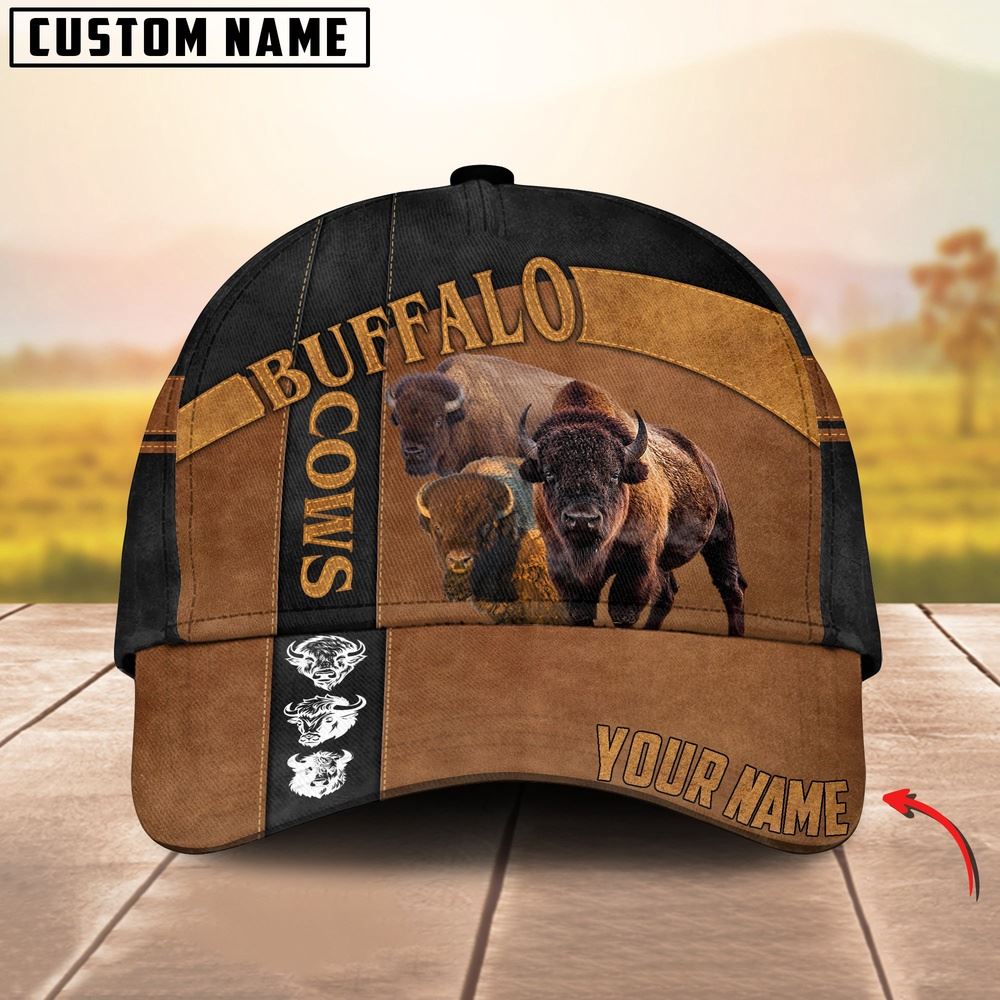 Buffalo Black Traffic Line Leather Pattern Customized 3D Cap Farmer Baseball Cap Gift For Farmer