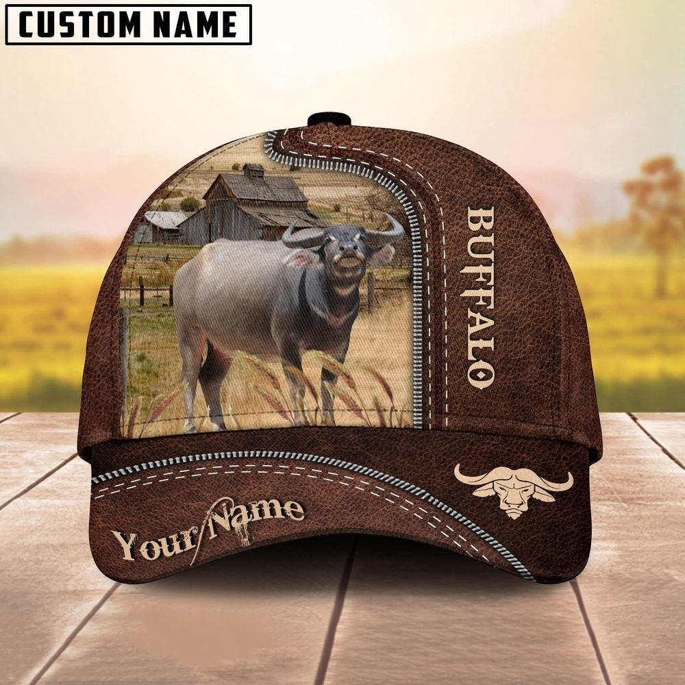 Buffalo Customized Name Leather Pattern Cap Farmer Baseball Cap Gift For Farmer