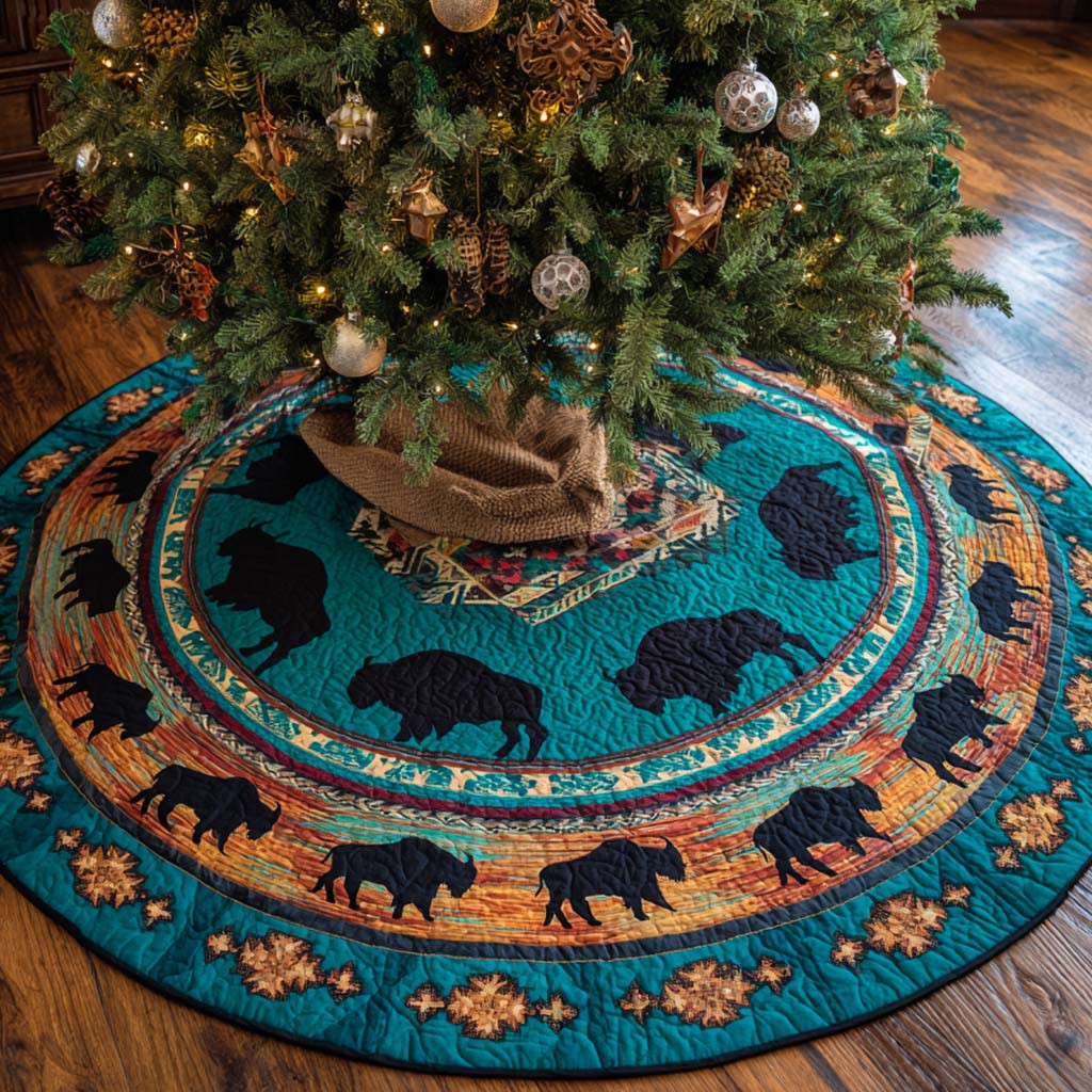 Buffalo Prairie Circle Quilted Tree Skirt Animal Themed Christmas Gifts For Bison Lovers