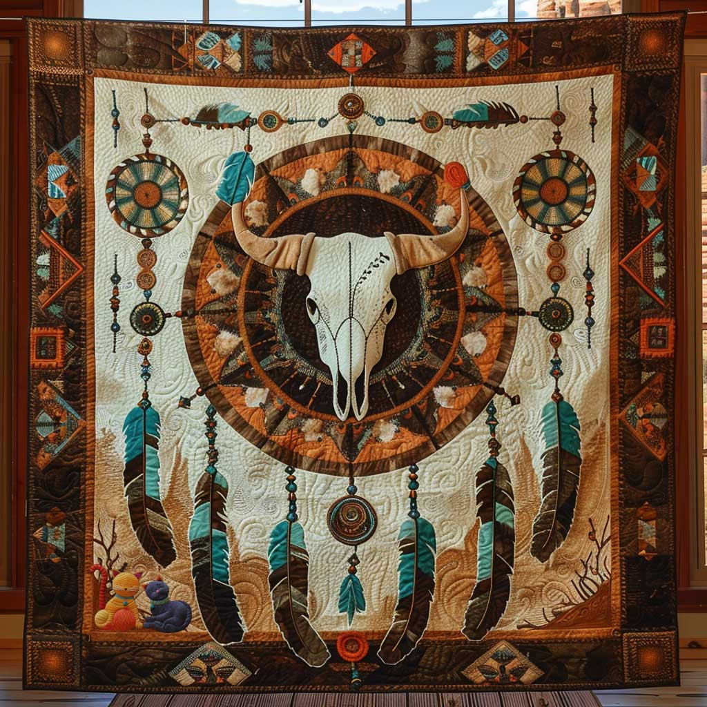 Buffalo Skull Feathers Holiday Christmas Quilt Blanket Best Christmas Gift For Mom