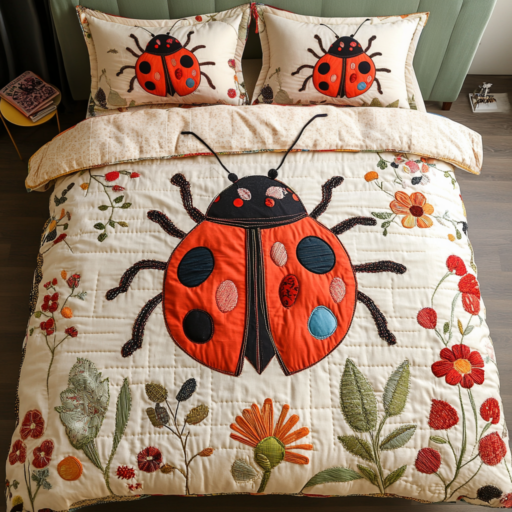 Bug Garden Quilted Bedding Set Cozy Bedroom Decor Ladybug Gifts For Mom