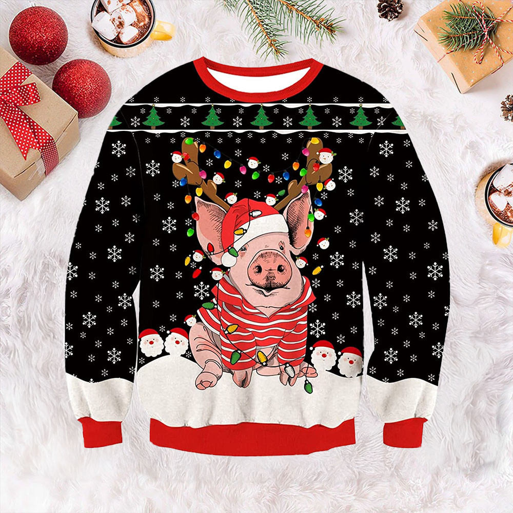 Bulb Pig Ugly Christmas Sweater Cute Xmas Sweater Gifts For Pig Lovers