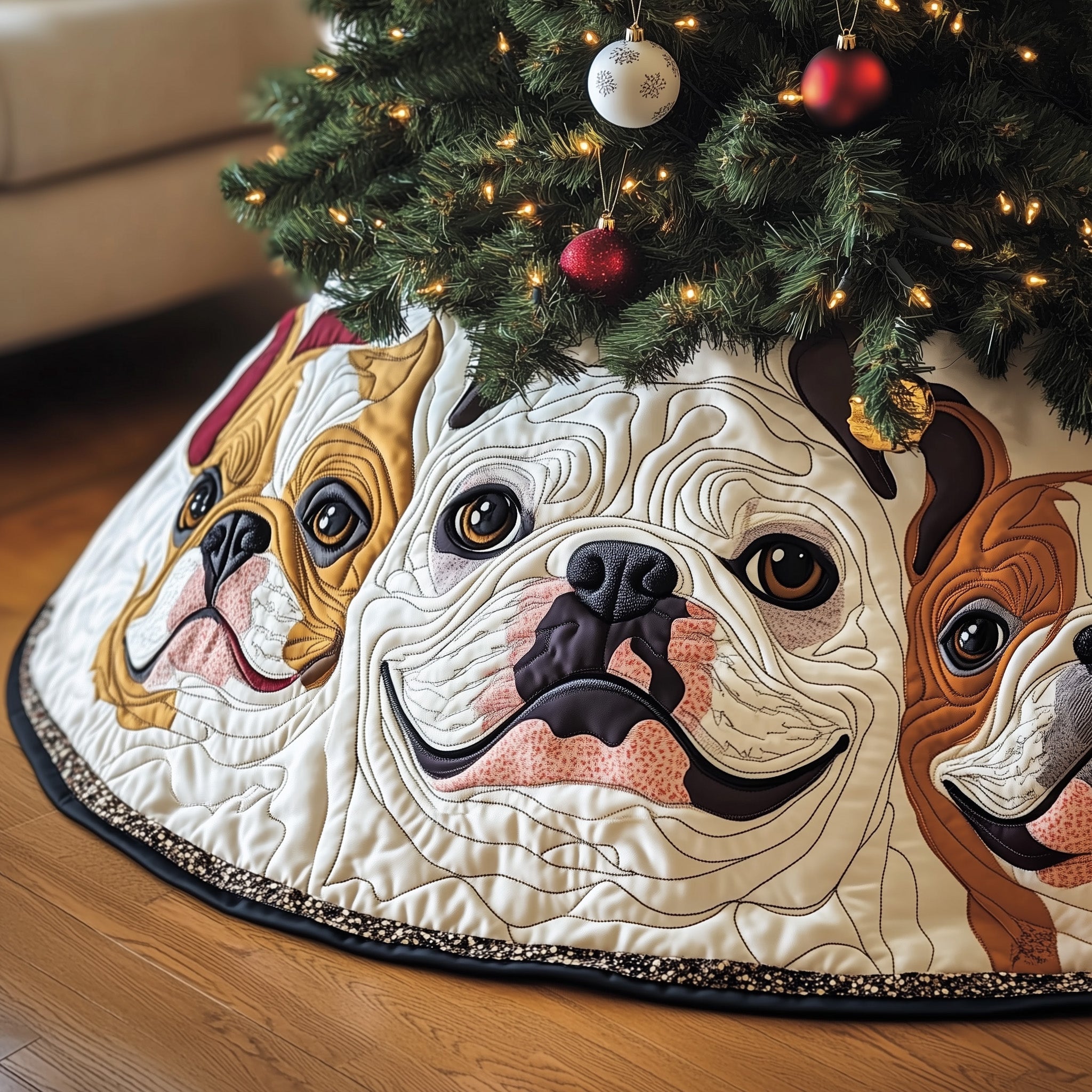 Bulldog Buddy Quilted Tree Skirt Merch For Home And Bedroom