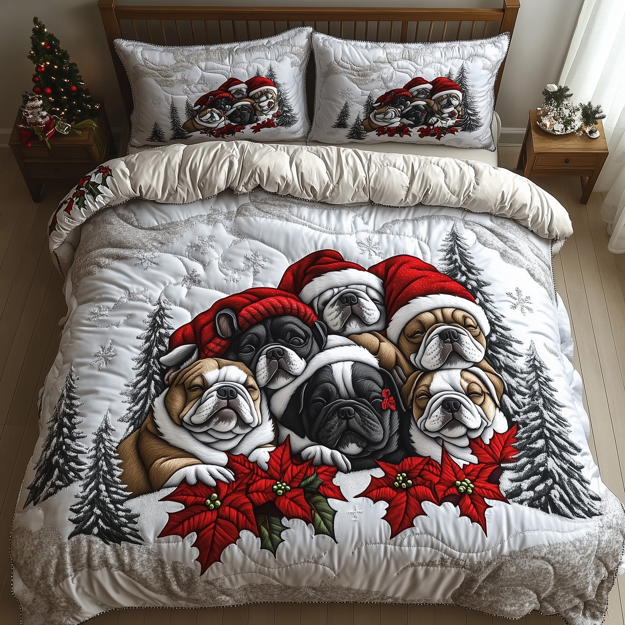 Bulldog Charm Christmas Quilted Bedding Set Duvet Cover Bedspread Dog Theme Xmas Gift Ideas