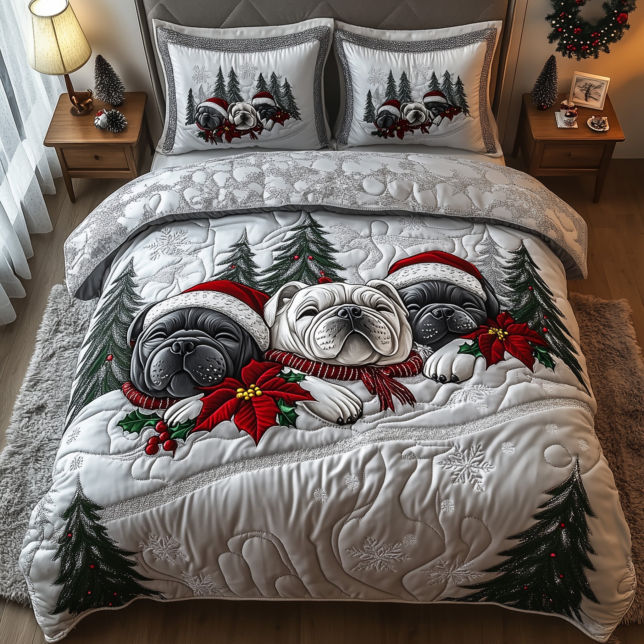 Bulldog Charm Christmas Quilted Bedding Set Duvet Cover Bedspread Dog Theme Xmas Presents