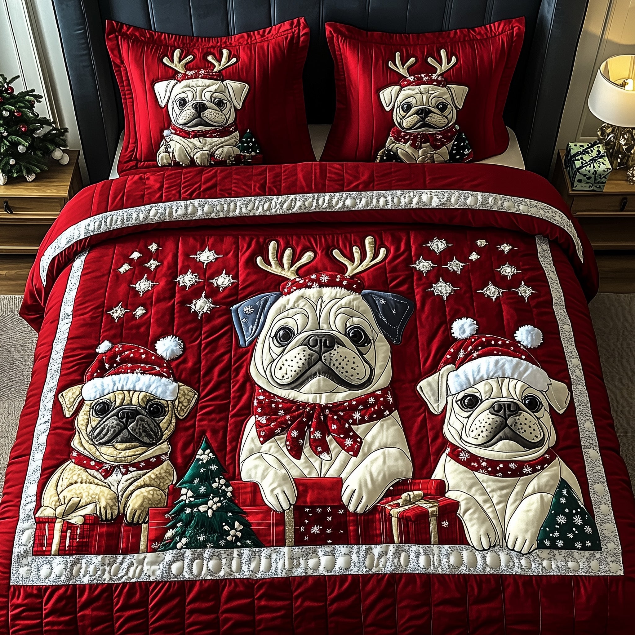 Bulldog Charm Christmas Quilted Bedding Set Duvet Cover Bedspread Dog Themed Xmas Gifts