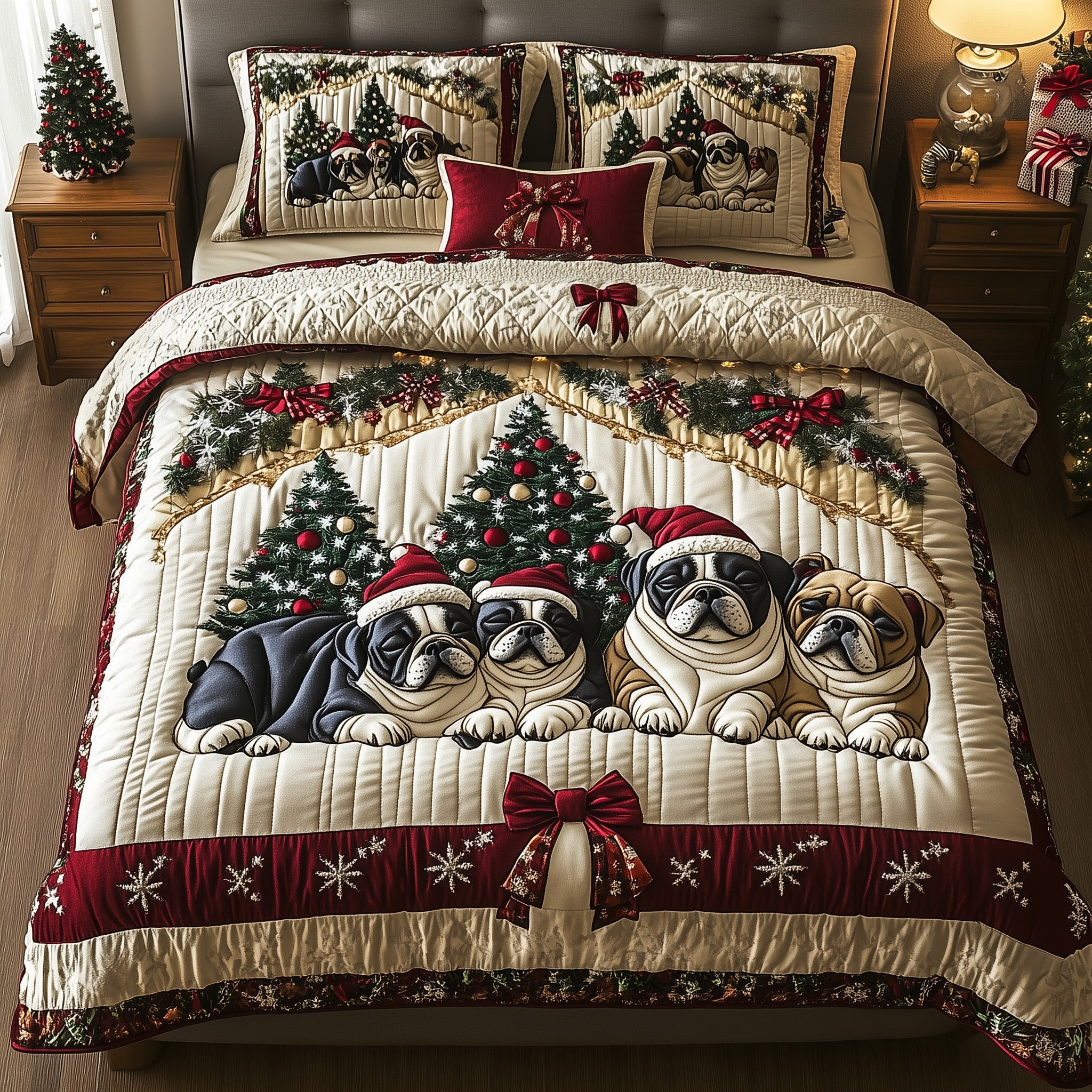 Bulldog Charm Christmas Quilted Bedding Set Duvet Cover Bedspread Dog Themed Xmas Presents