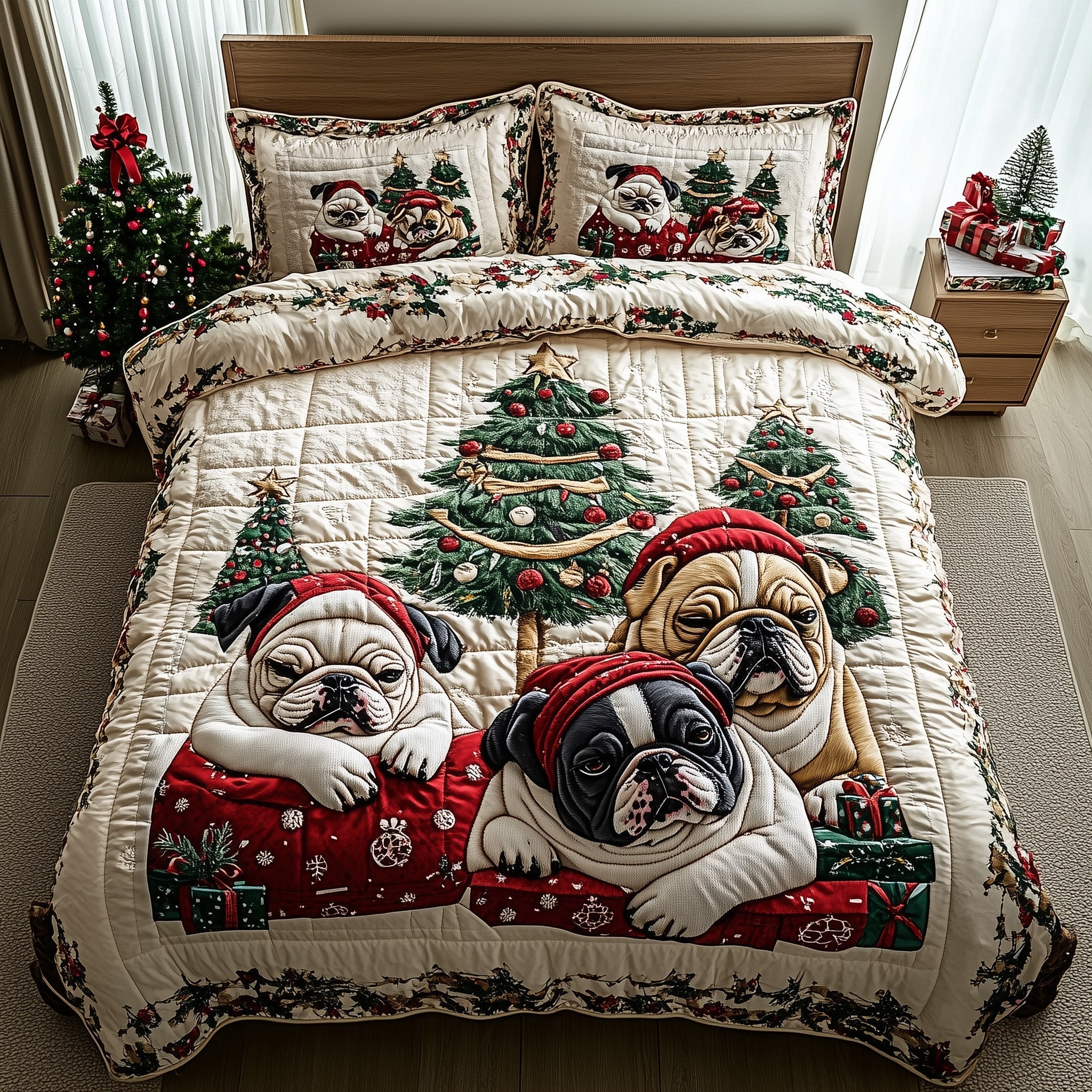 Bulldog Charm Christmas Quilted Bedding Set Duvet Cover Bedspread Xmas Gifts For Dog Lovers