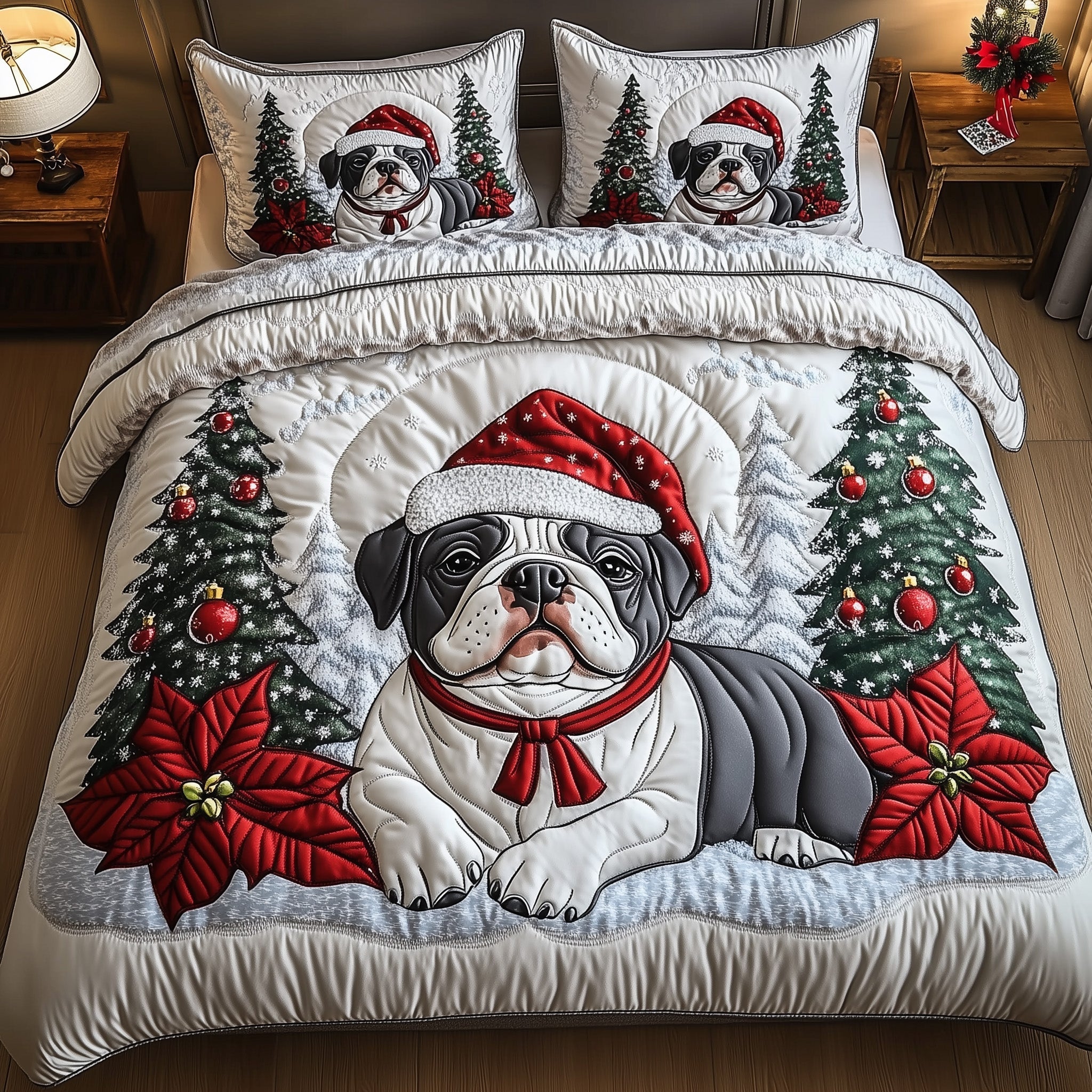Bulldog Charm Christmas Quilted Bedding Set Duvet Cover Bedspread Xmas Presents For Dog Lovers