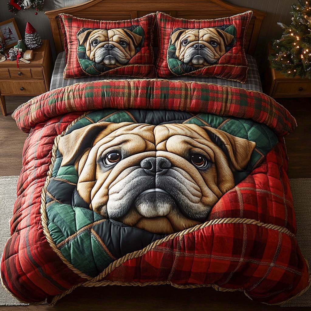Bulldog Charm Quilted Bedding Set Best Christmas Duvet Cover Set Best Gifts For French Bulldog Owners
